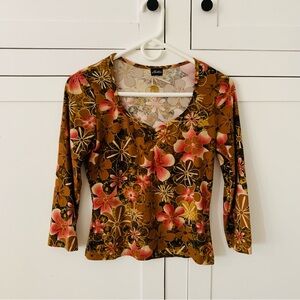 Hottie 90’s Groovy Brown Pink Floral ¾ Sleeve Top